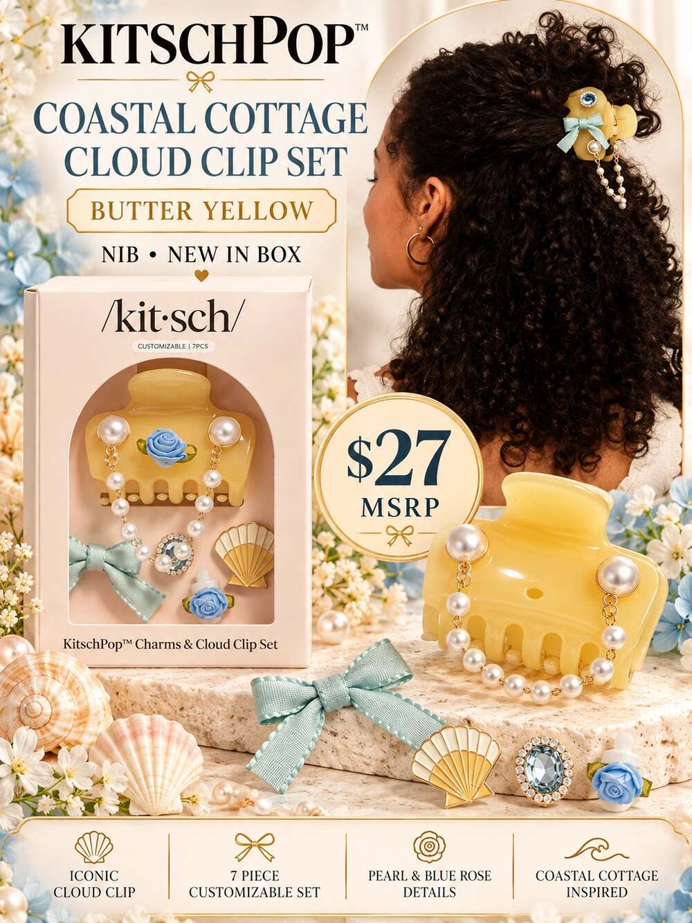KitschPop Coastal Cottage Cloud Clip Set in Butter Yellow NIB